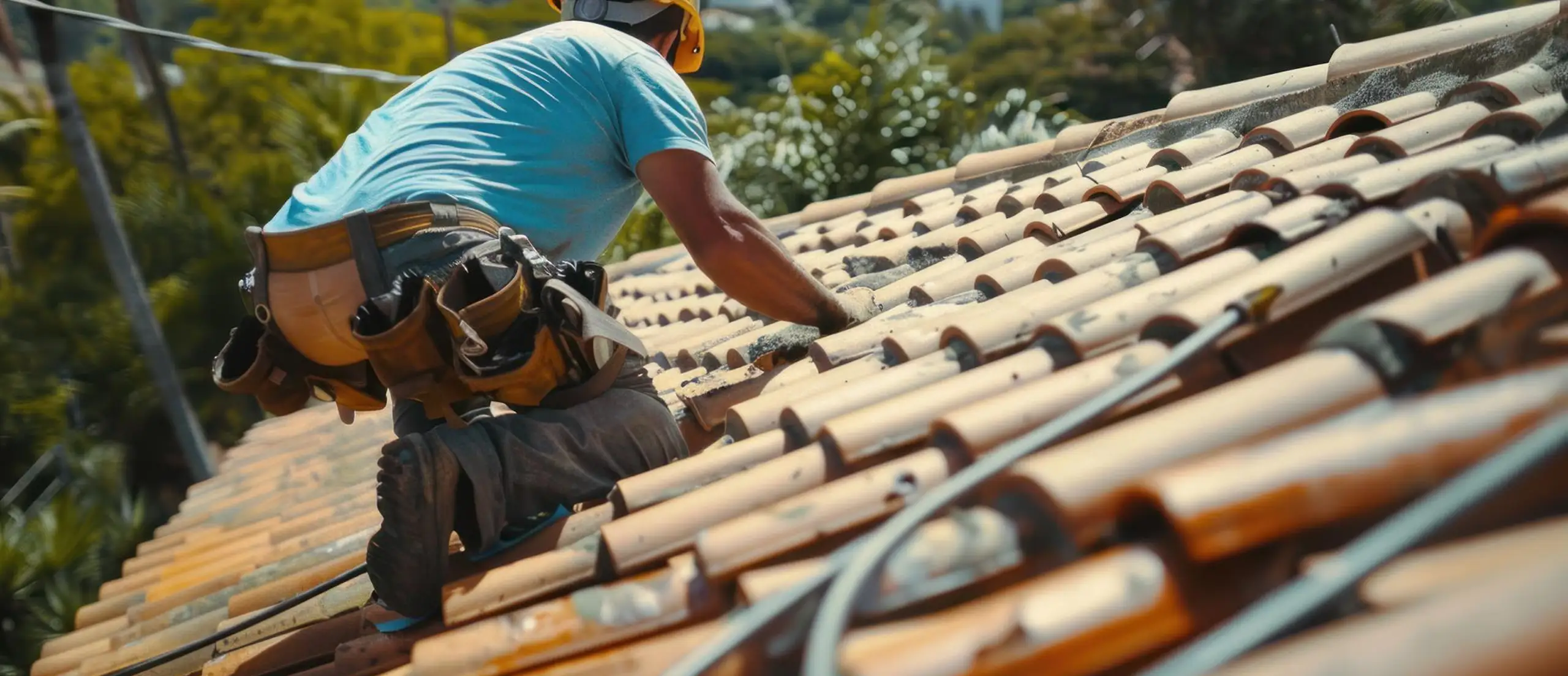 Un artisan pose méticuleusement des tuiles en terre cuite sur la charpente d'une maison individuelle